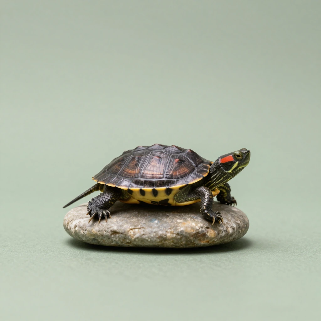Tortuga de orejas rojas caminando sobre una piedra