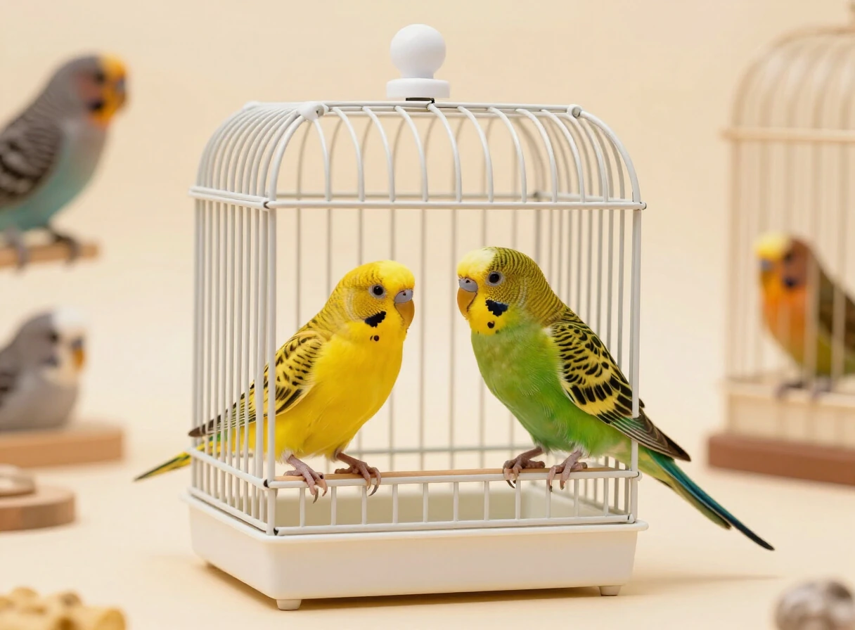 Canario amarillo y periquito verde posados en una jaula amplia