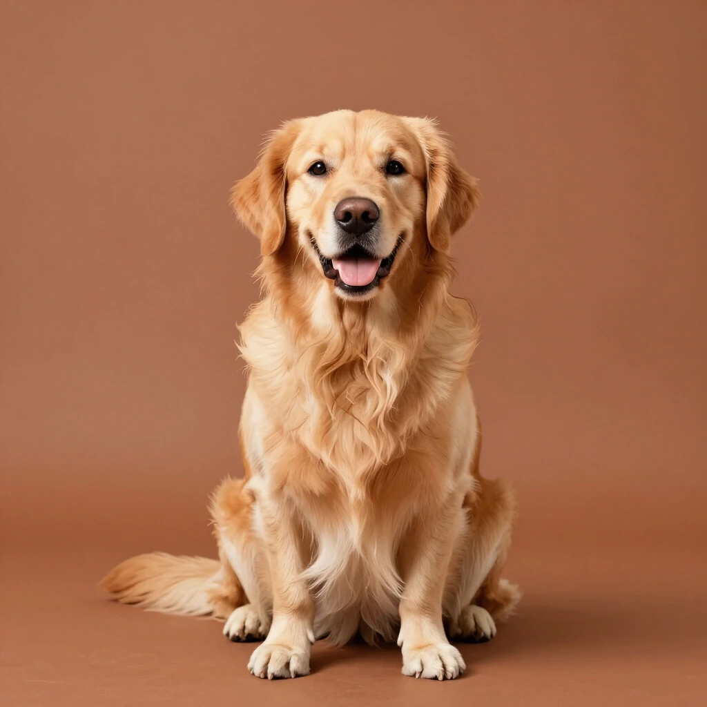 Perro golden retriever sonriendo sobre fondo terracota
