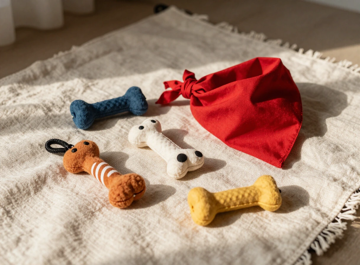 Juguetes para perros de colores cálidos, cuerdas y mordedores sobre una manta de lino
