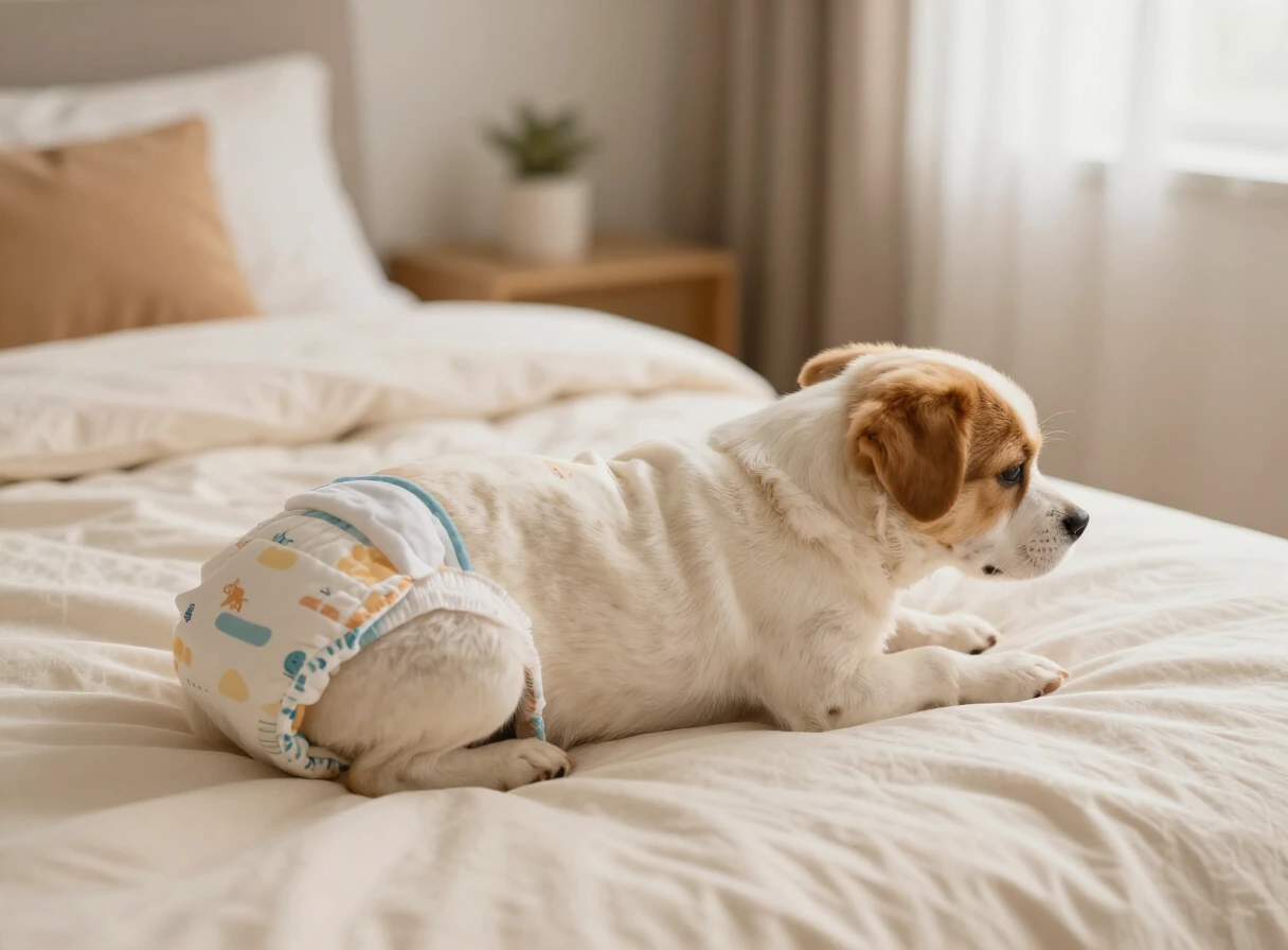 Pañales para perros sobre una superficie suave crema