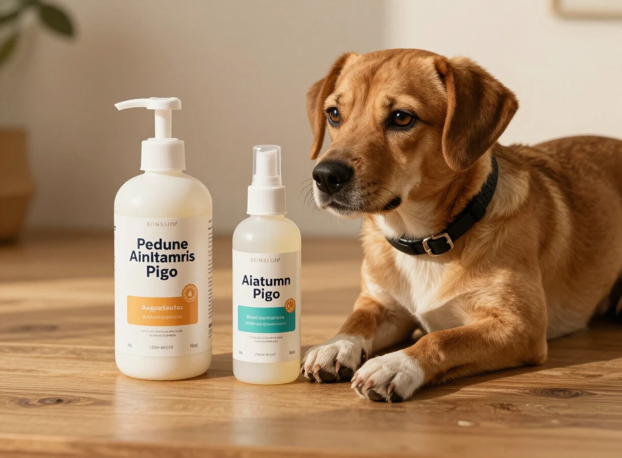 Productos antigarrapatas para perros, pipetas y collar, sobre una superficie de madera