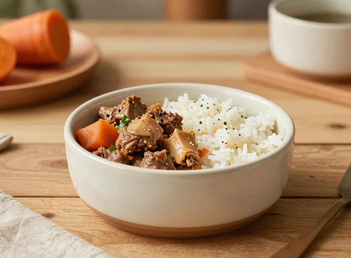 Ración de comida natural para perros con pollo, zanahoria y arroz en un cuenco de cerámica