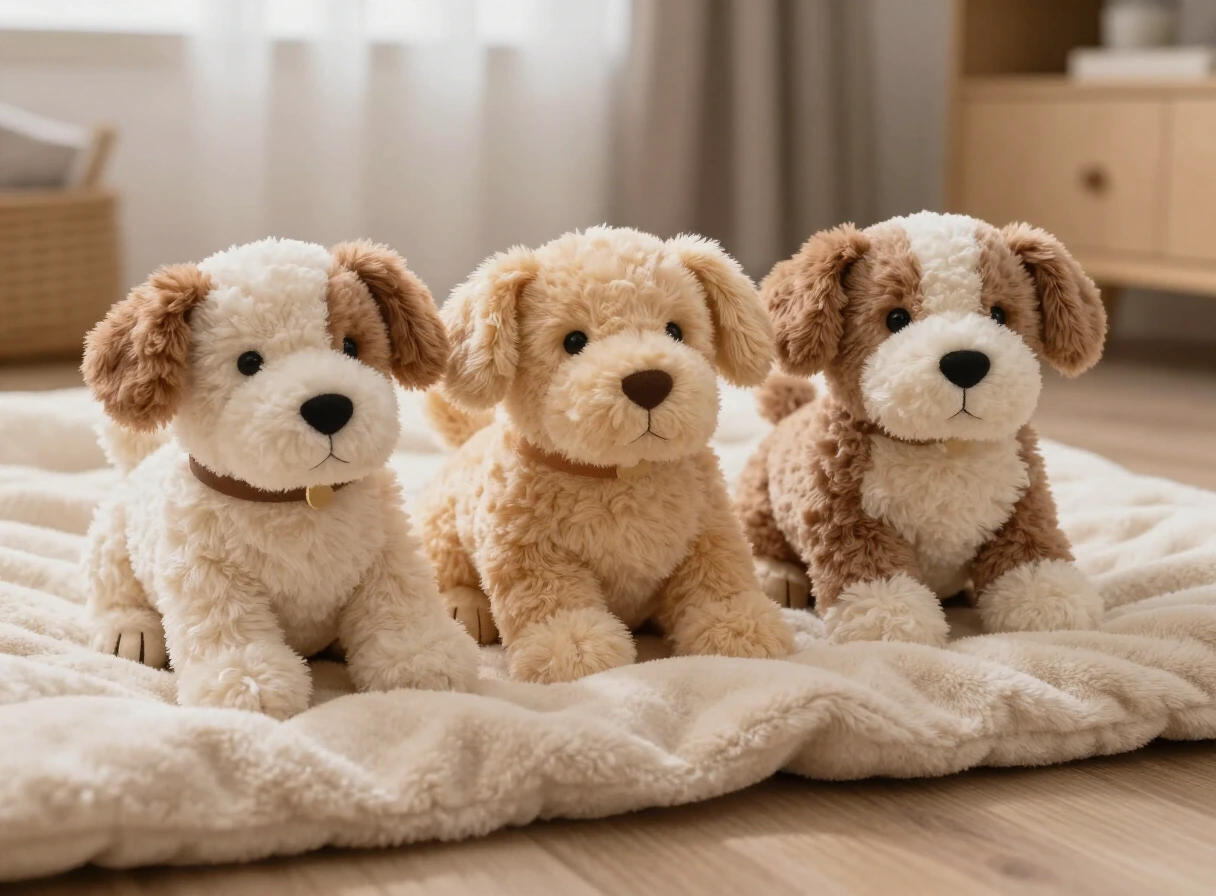 Peluches suaves para perros sobre una manta crema