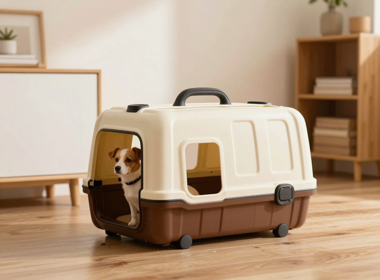 Guacal de transporte para perros en tonos crema y marrón sobre un piso de madera