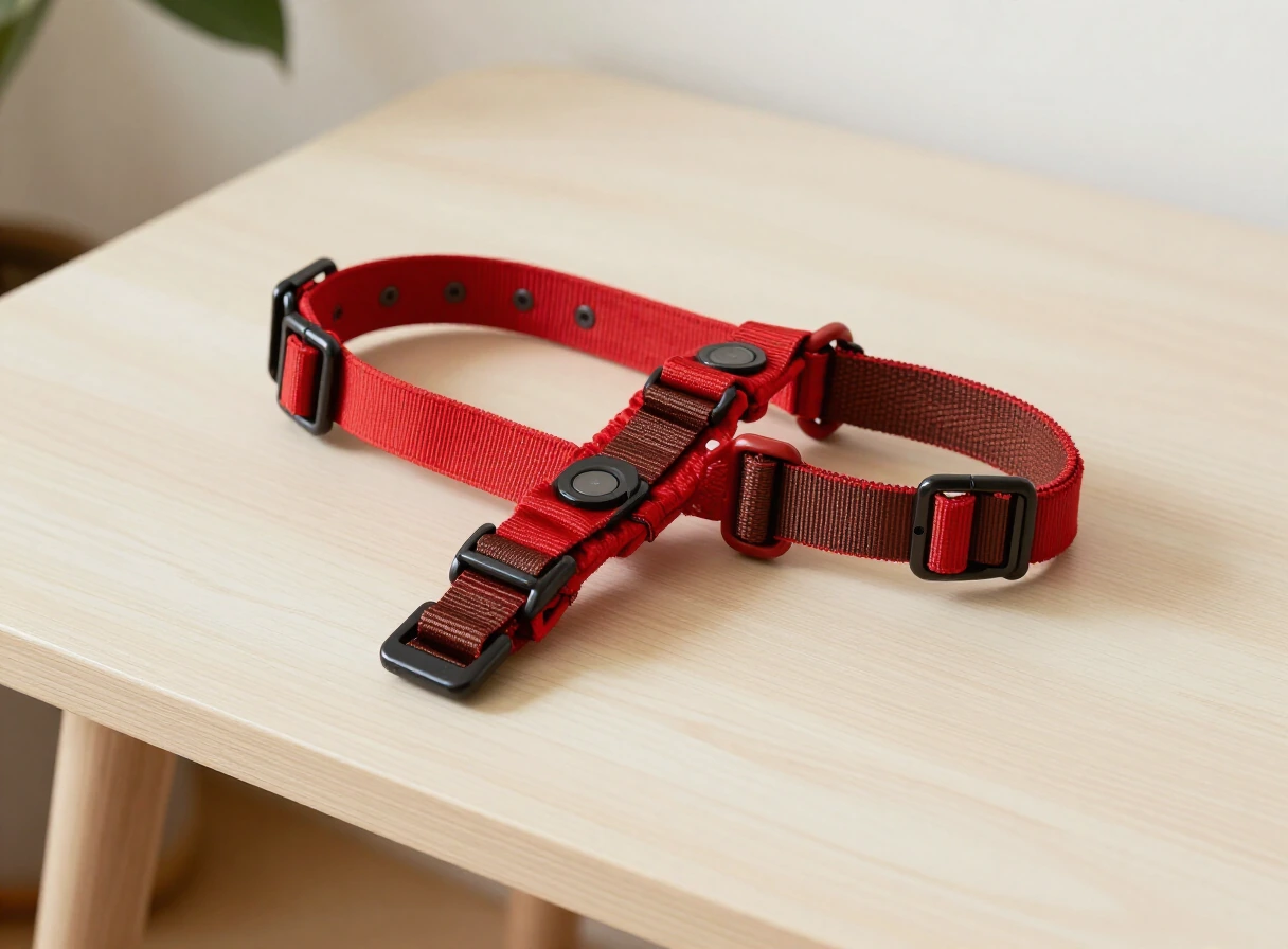 Arnés ajustable para perros en tonos rojo y marrón sobre una mesa de madera clara