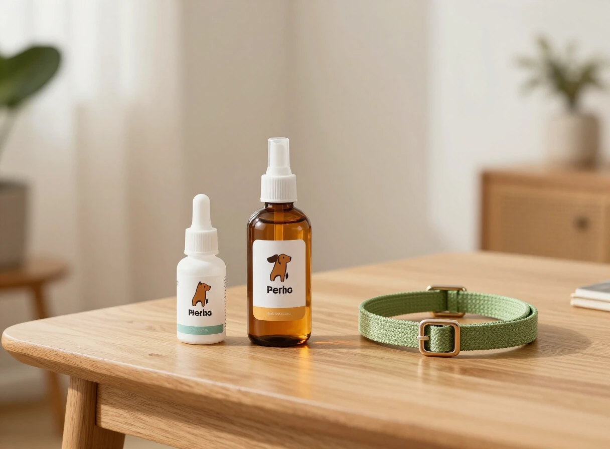 Productos antipulgas para perros, ampollas y collar, sobre una mesa de madera