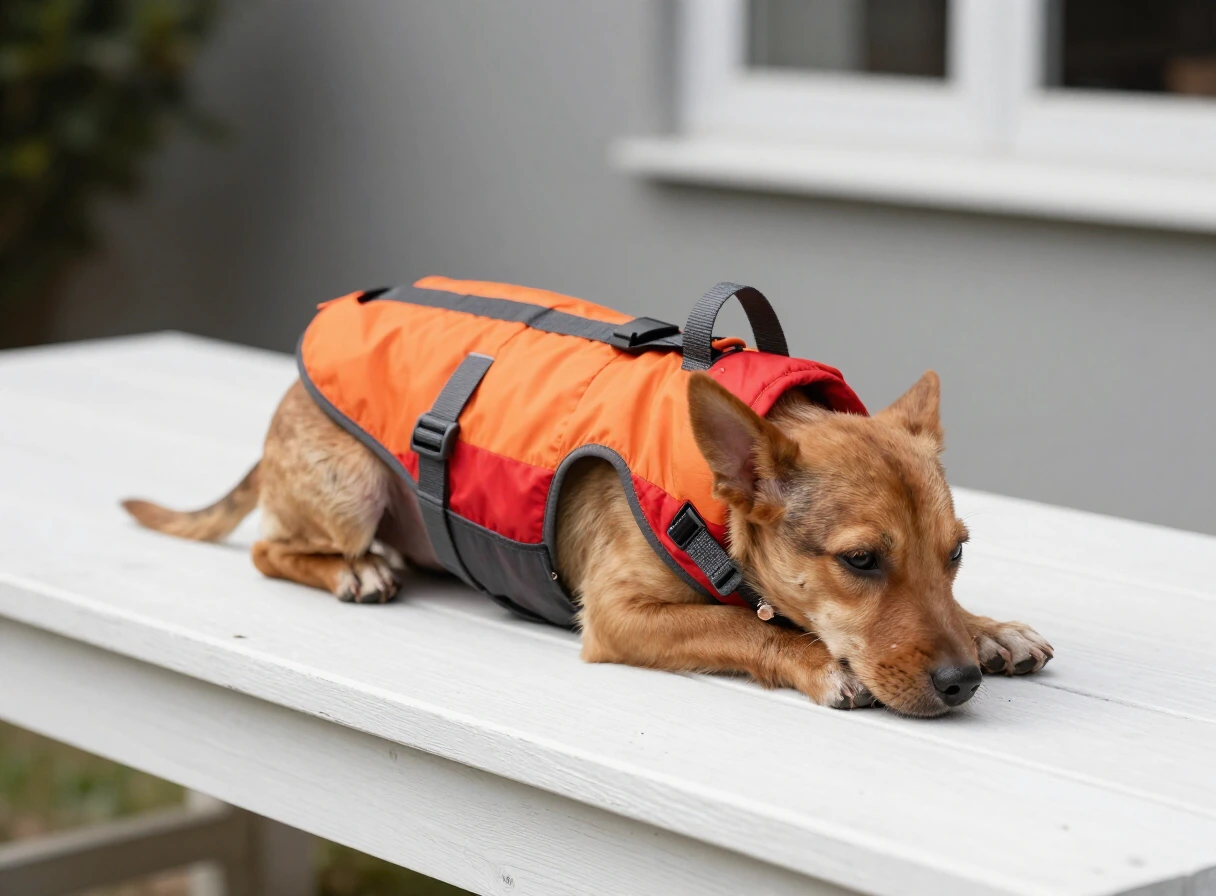 Chaleco salvavidas para perros en tonos rojo y naranja sobre una superficie de madera clara