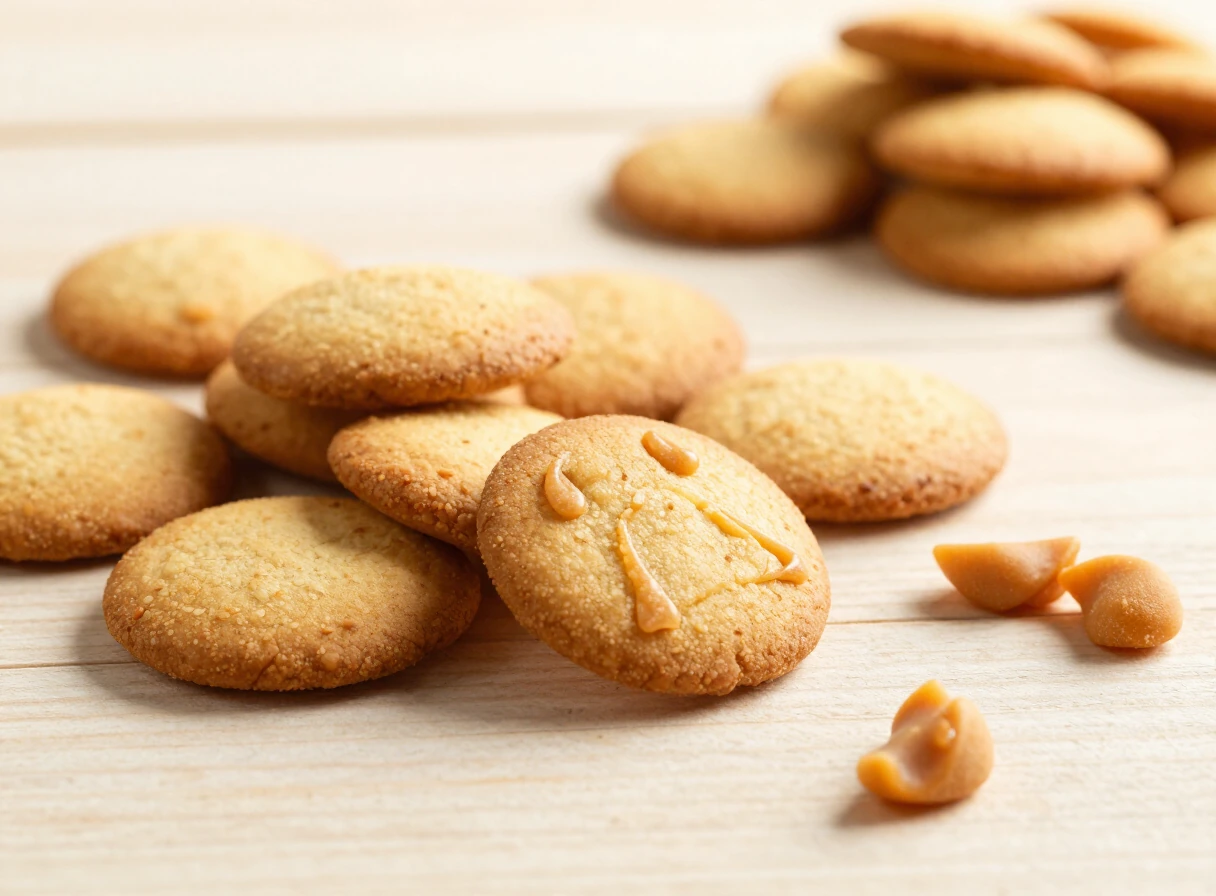 Snacks y galletas para perros esparcidos sobre una tabla de madera