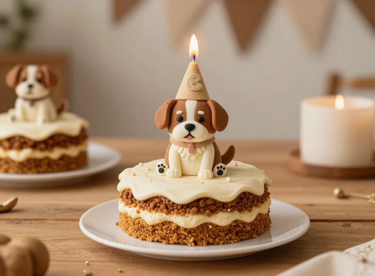 Torta de cumpleaños para perros decorada con velas sobre una mesa de madera