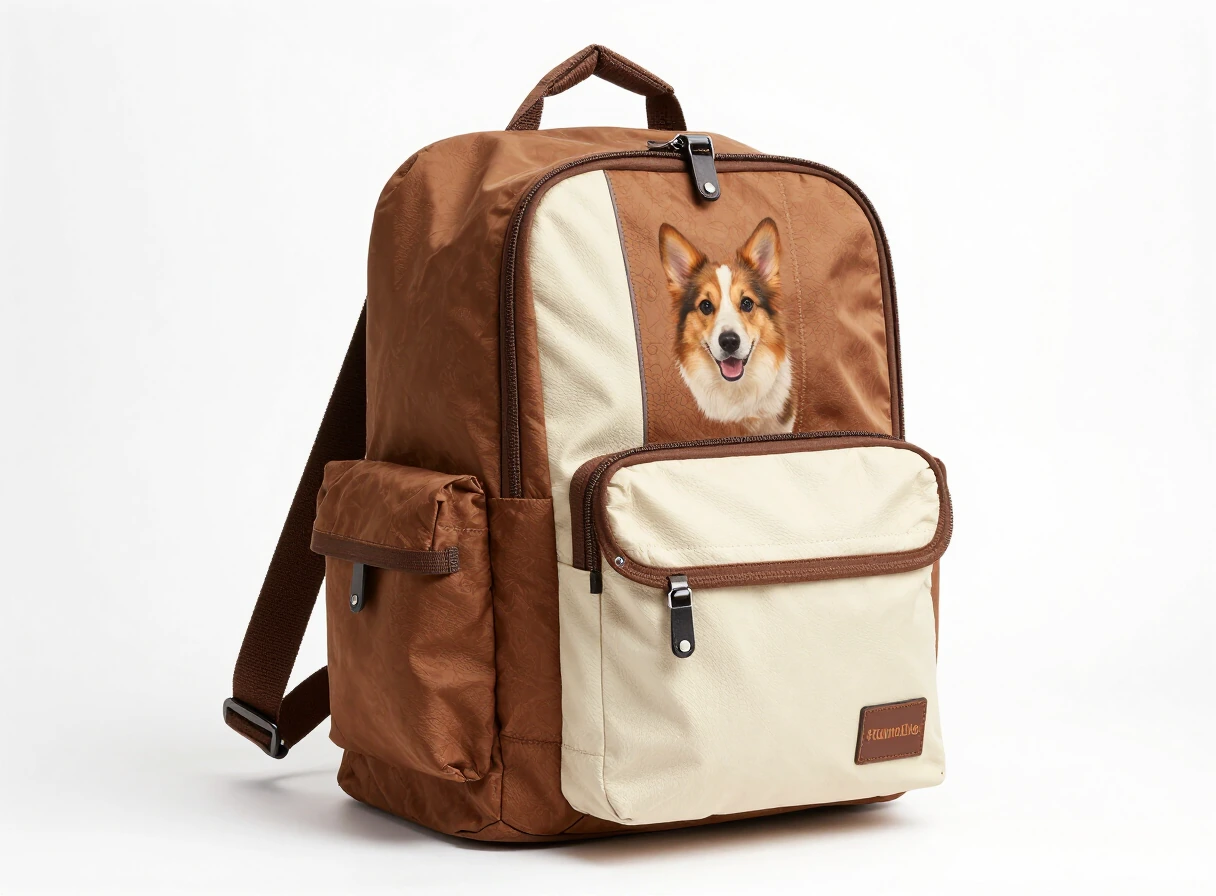 Mochila y morral transportador para perros en tonos marrón y crema sobre una superficie clara