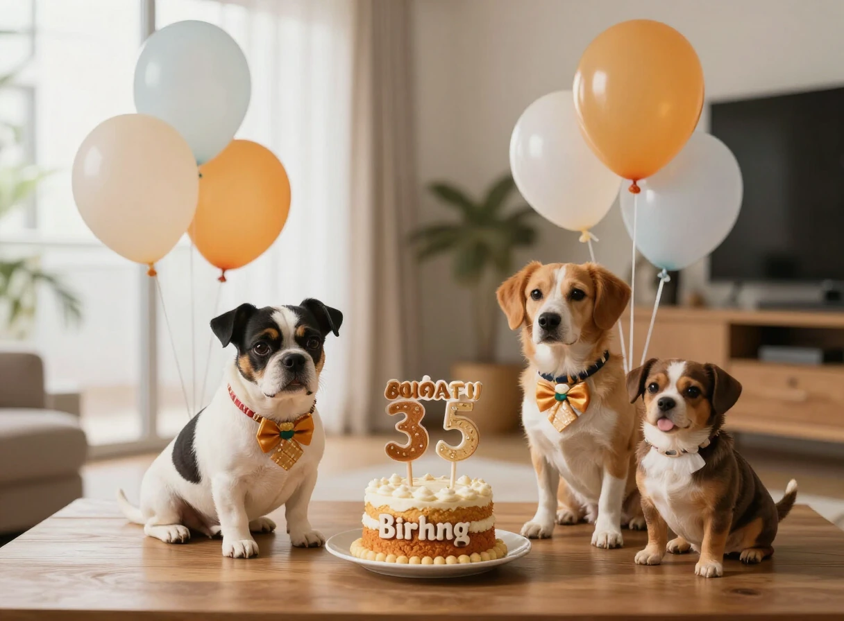 Mesa festiva de cumpleaños para perros con gorros, globos y torta en tonos cálidos