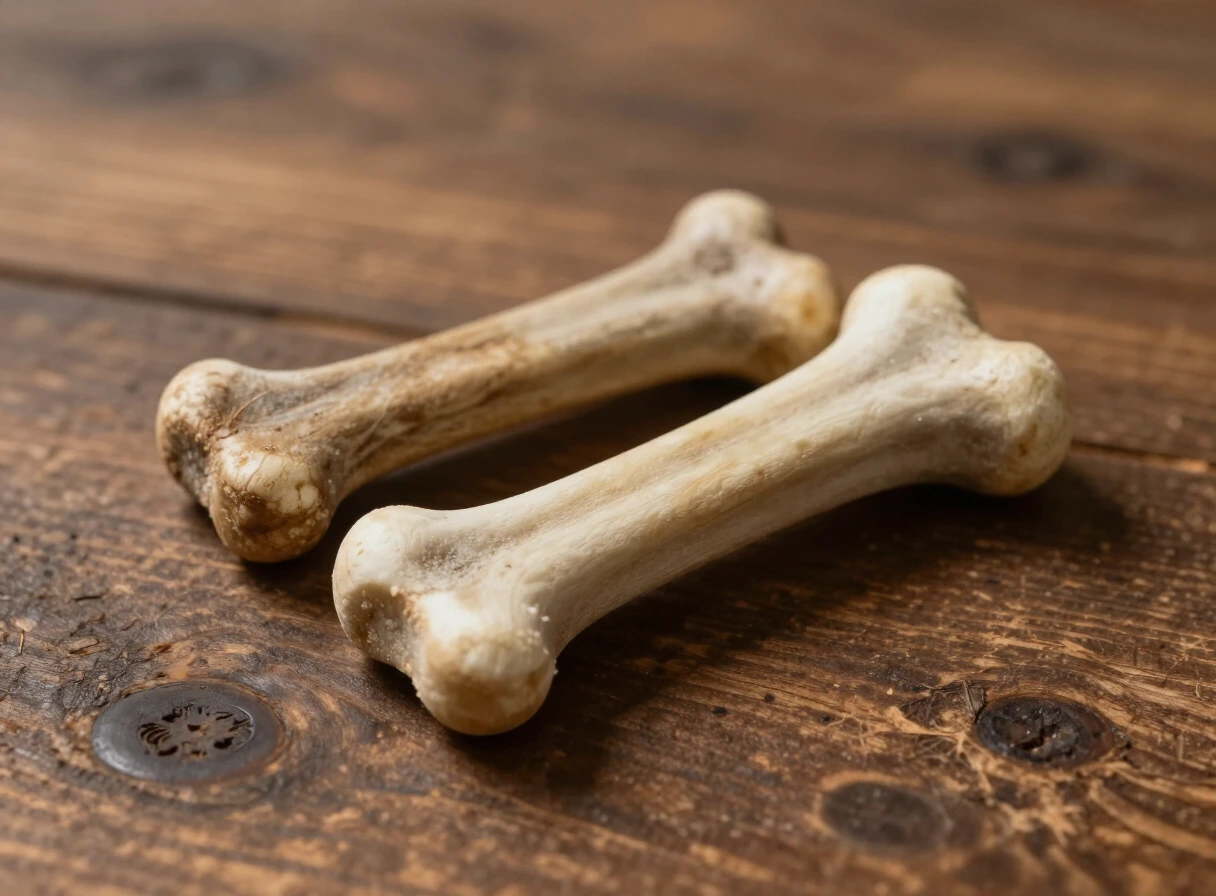 Huesos naturales y masticables para perros sobre una superficie de madera rústica