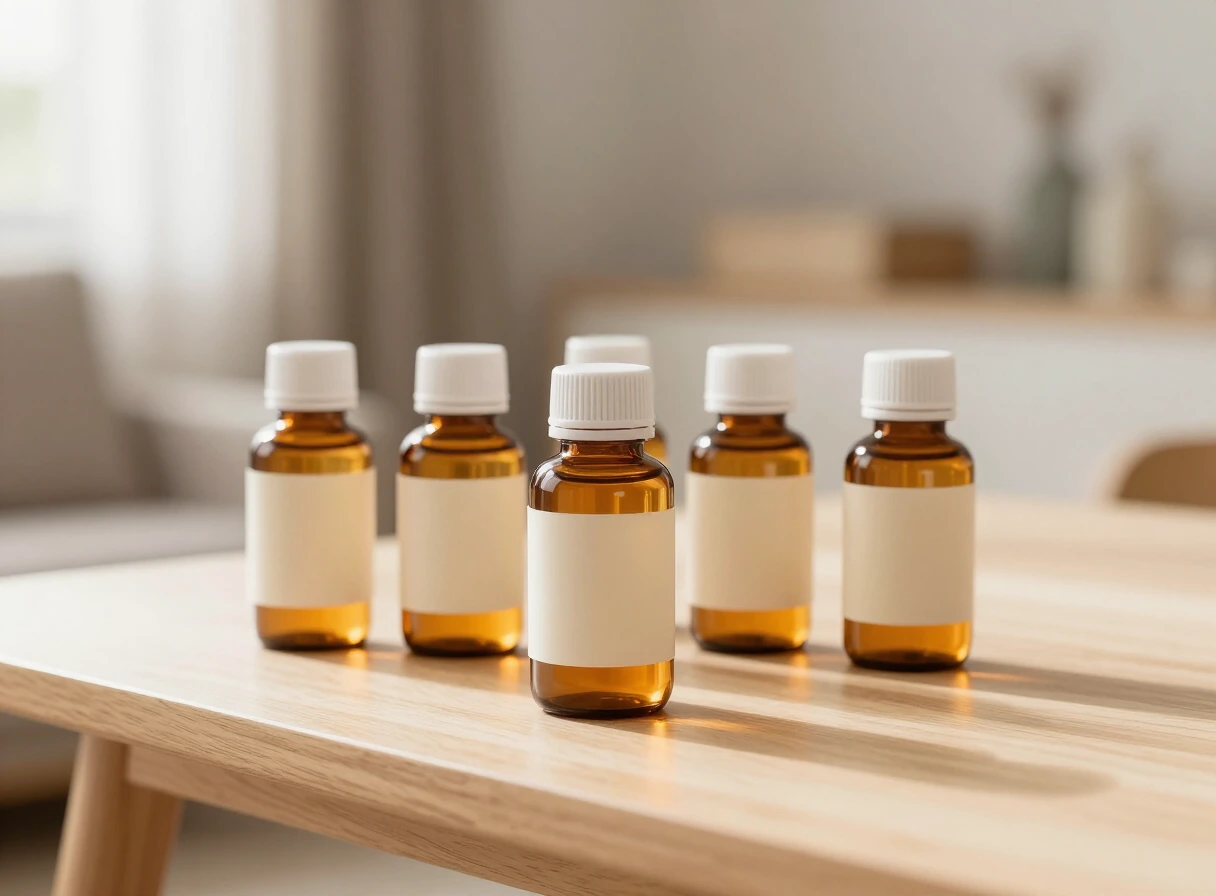 Frascos de vitaminas para perros sobre una mesa de madera clara