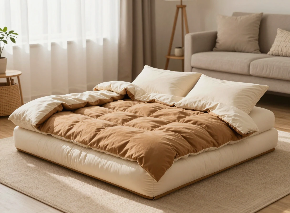 Cama mullida y suave para perros en tonos caramelo y crema sobre el suelo de una sala cálida