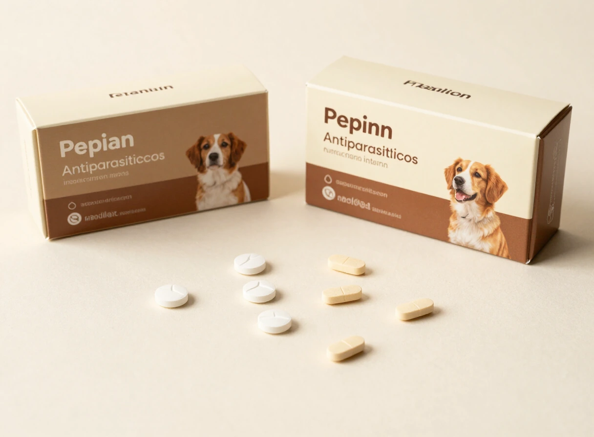 Antiparasitarios internos para perros en cajas y tabletas sobre una mesa clara