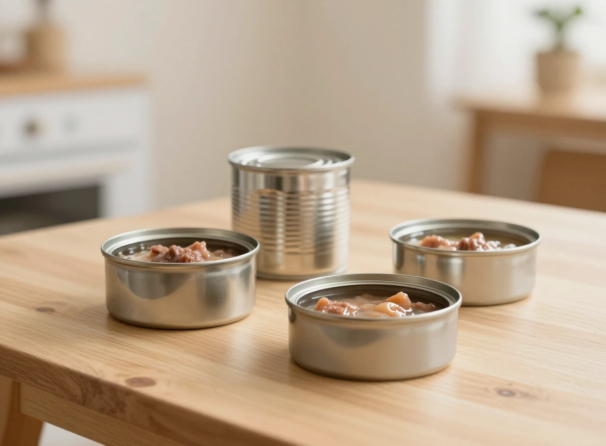Latas abiertas de comida húmeda para perros con un cuenco de acero sobre una mesa de madera