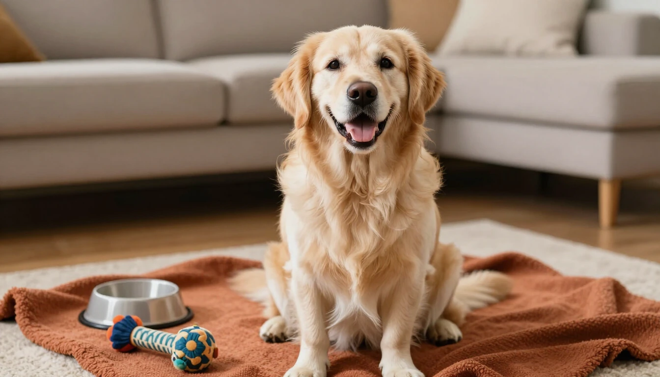 Perro golden retriever junto a su plato de comida