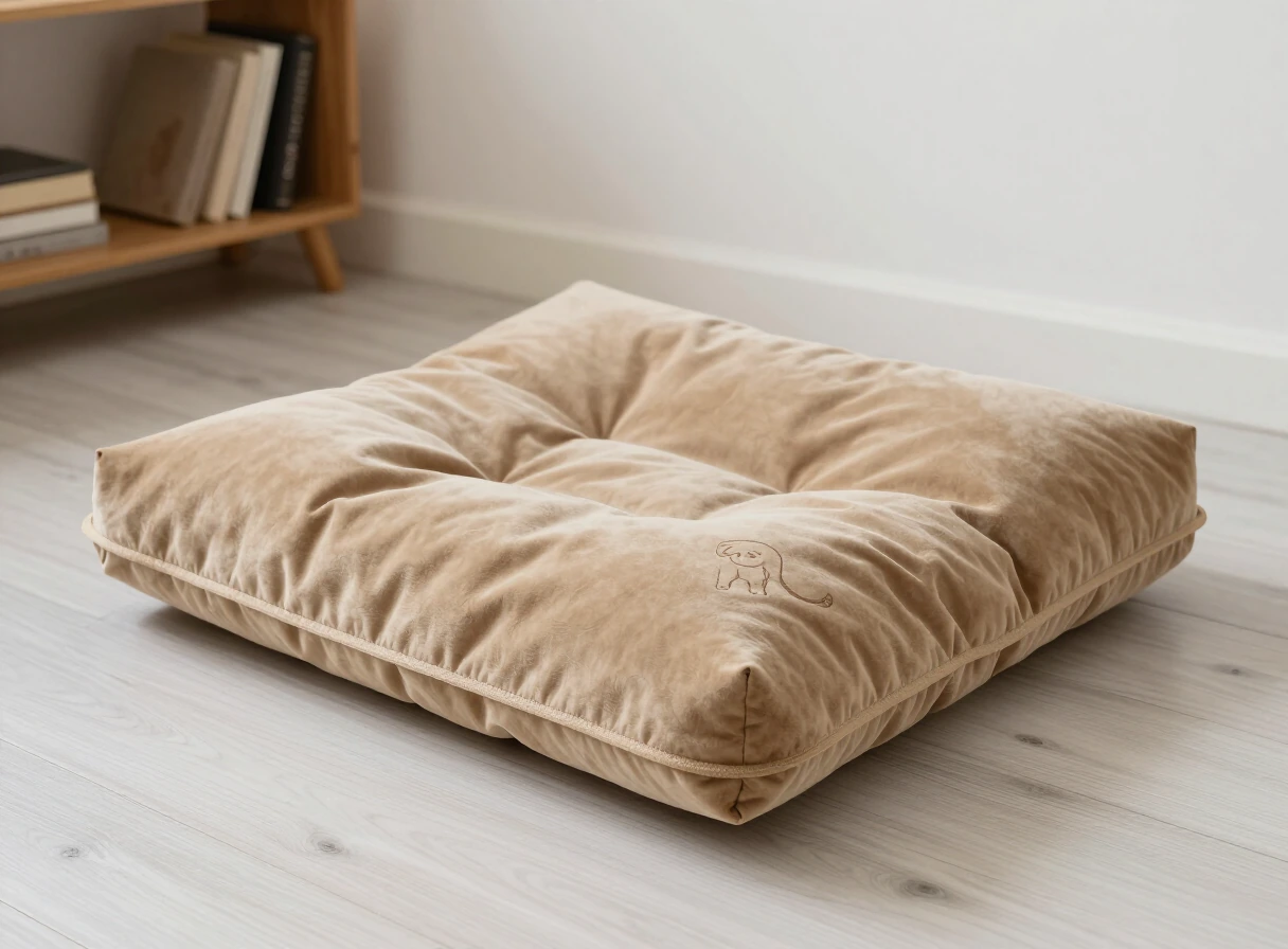 Colchoneta acolchada para perros en tonos arena y caramelo sobre un piso de madera clara