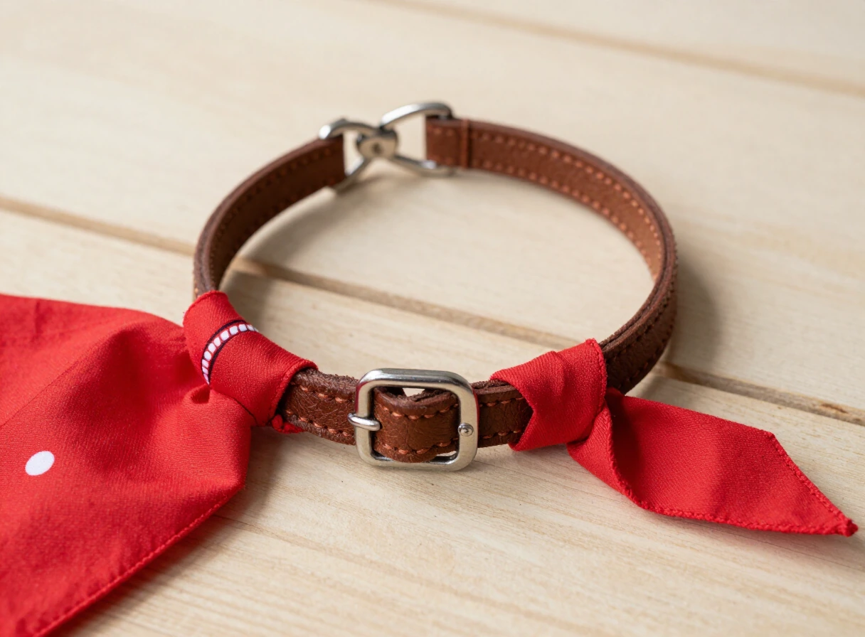 Collares de cuero y tela para perros sobre una mesa de madera