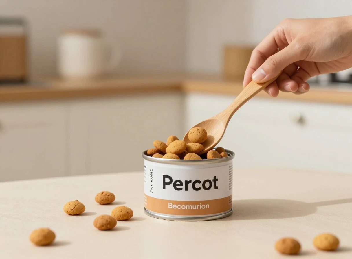 Saco de concentrado para perros con croquetas marrones sobre una mesa de cocina cálida