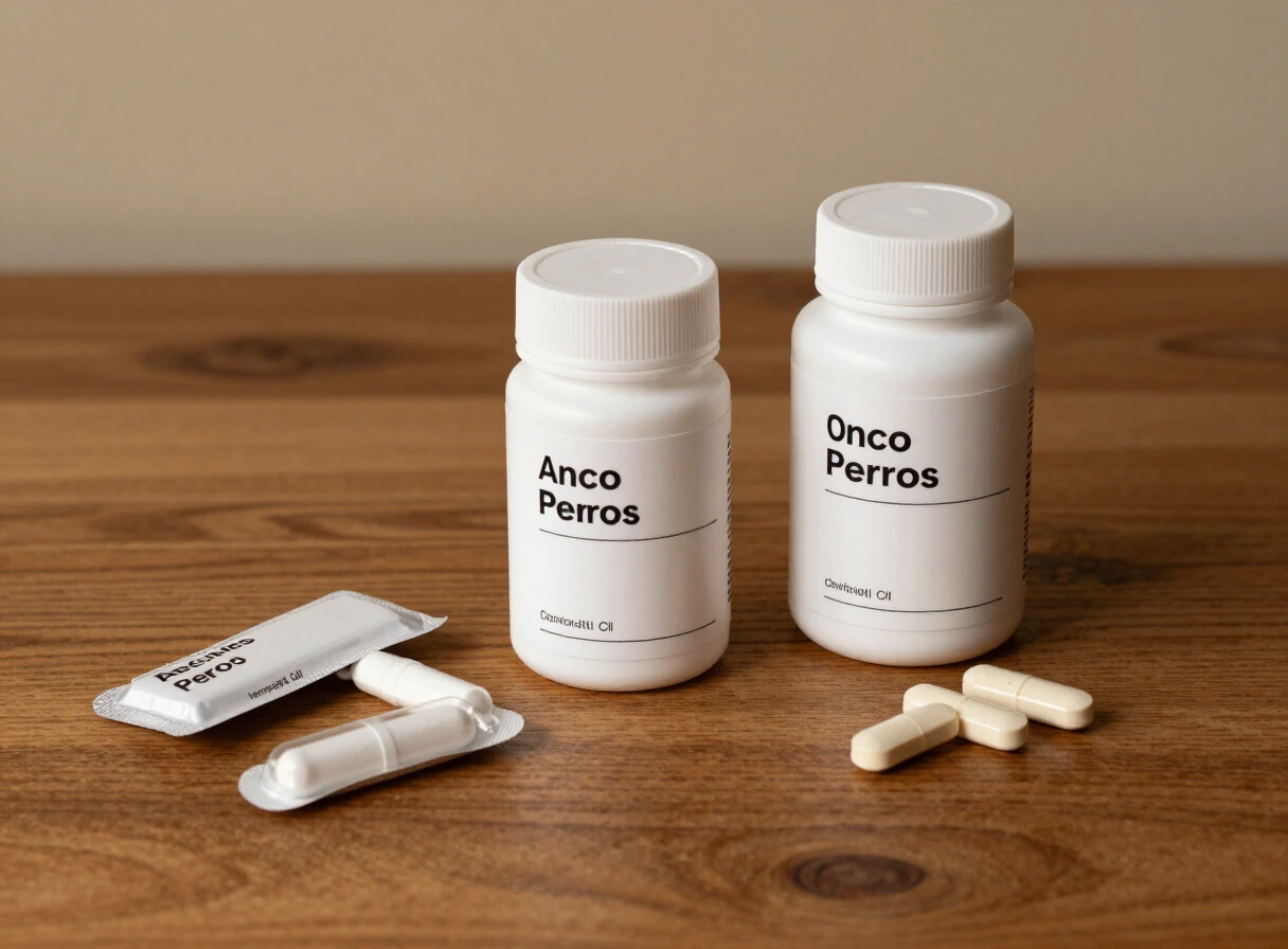 Suplementos nutricionales para perros en frascos y sobres sobre una mesa de madera