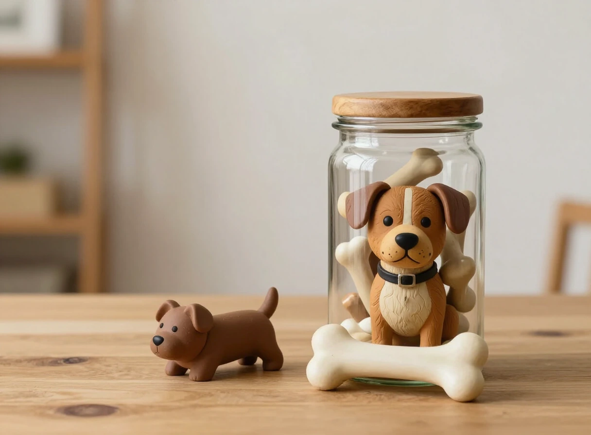 Premios y huesos de premio para perros en un frasco de vidrio sobre una mesa de madera