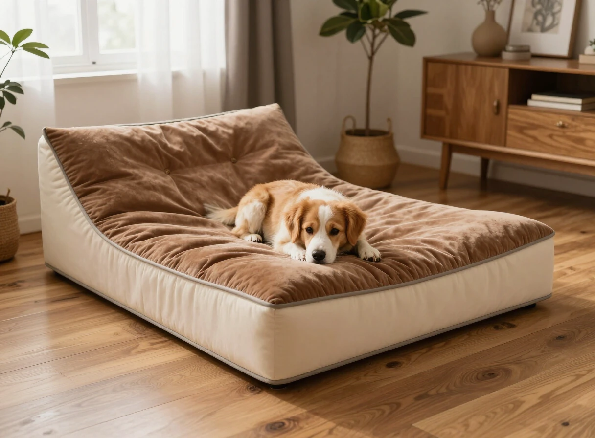 Colchón ortopédico para perros en tonos marrón y crema sobre un piso de madera