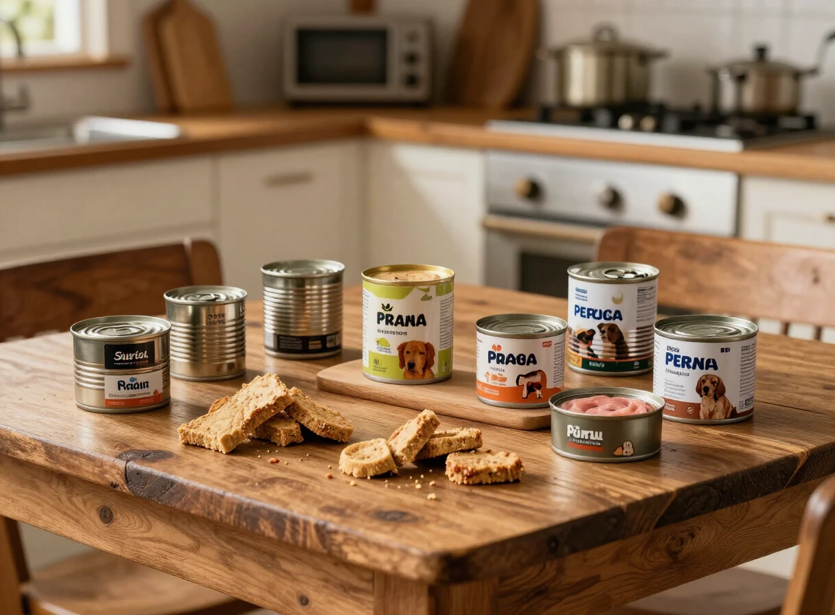 Variedad de alimentos para perros: croquetas, latas y sobres sobre una mesa rústica