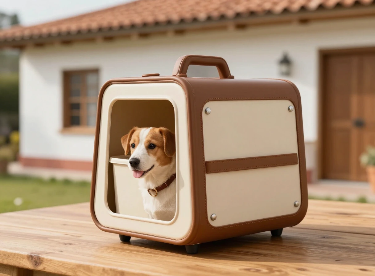 Bolso transportador para perros en tonos caramelo y crema sobre una superficie de madera