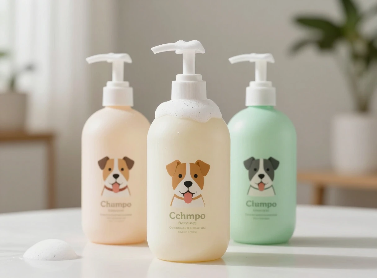 Botellas de champú para perros sobre una superficie clara con espuma suave