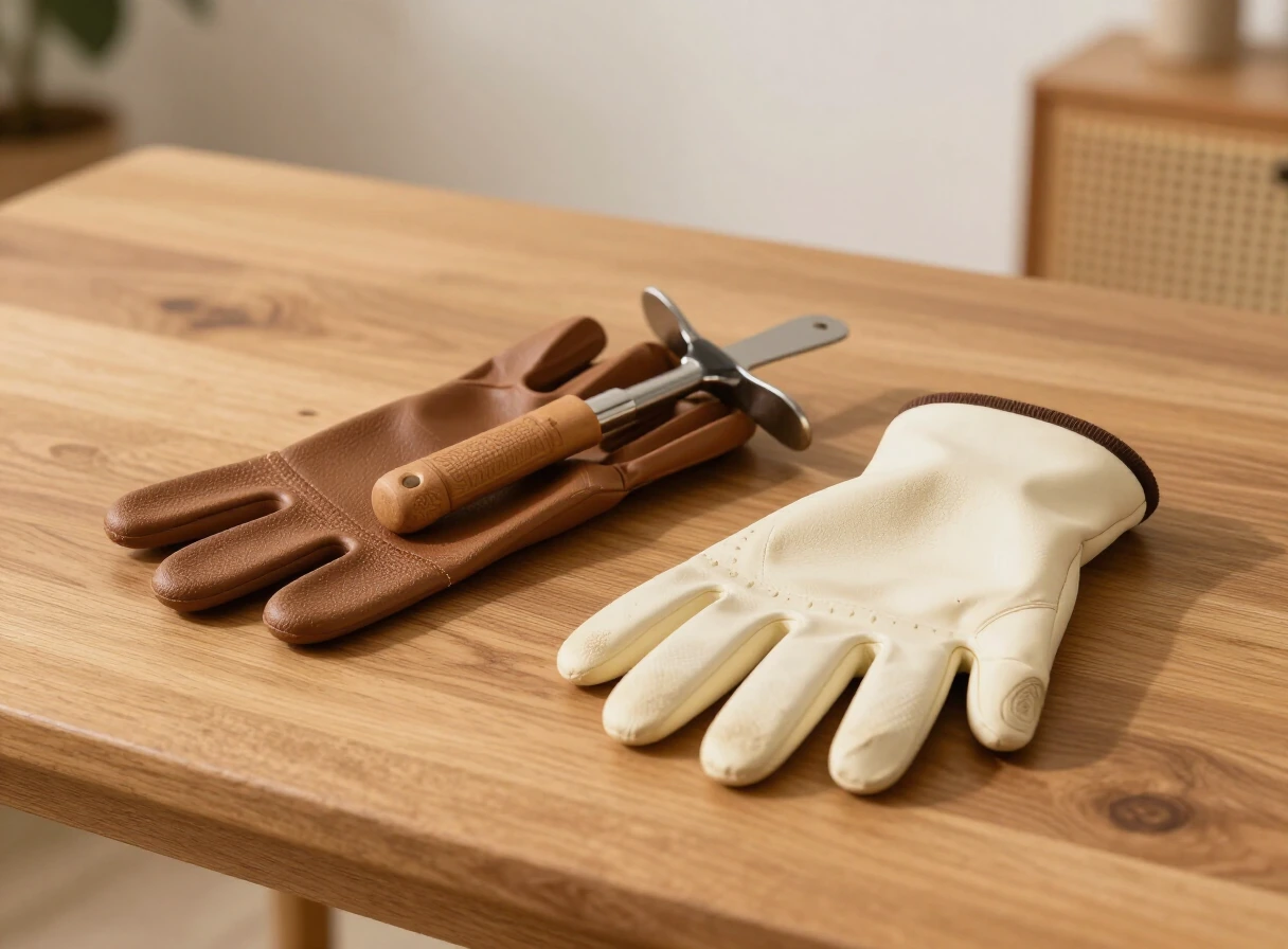 Cepillos y guantes de aseo para perros sobre una mesa de madera