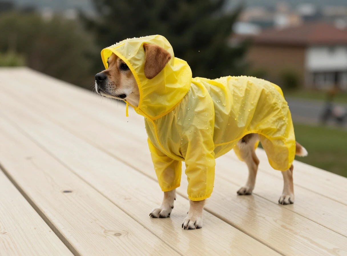 Impermeable amarillo para perros sobre una superficie de madera clara con gotas de lluvia